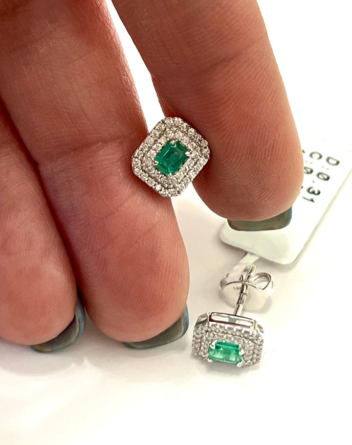 14K WHITE GOLD OCTAGON CUT DIAMOND EMERALD EARRINGS