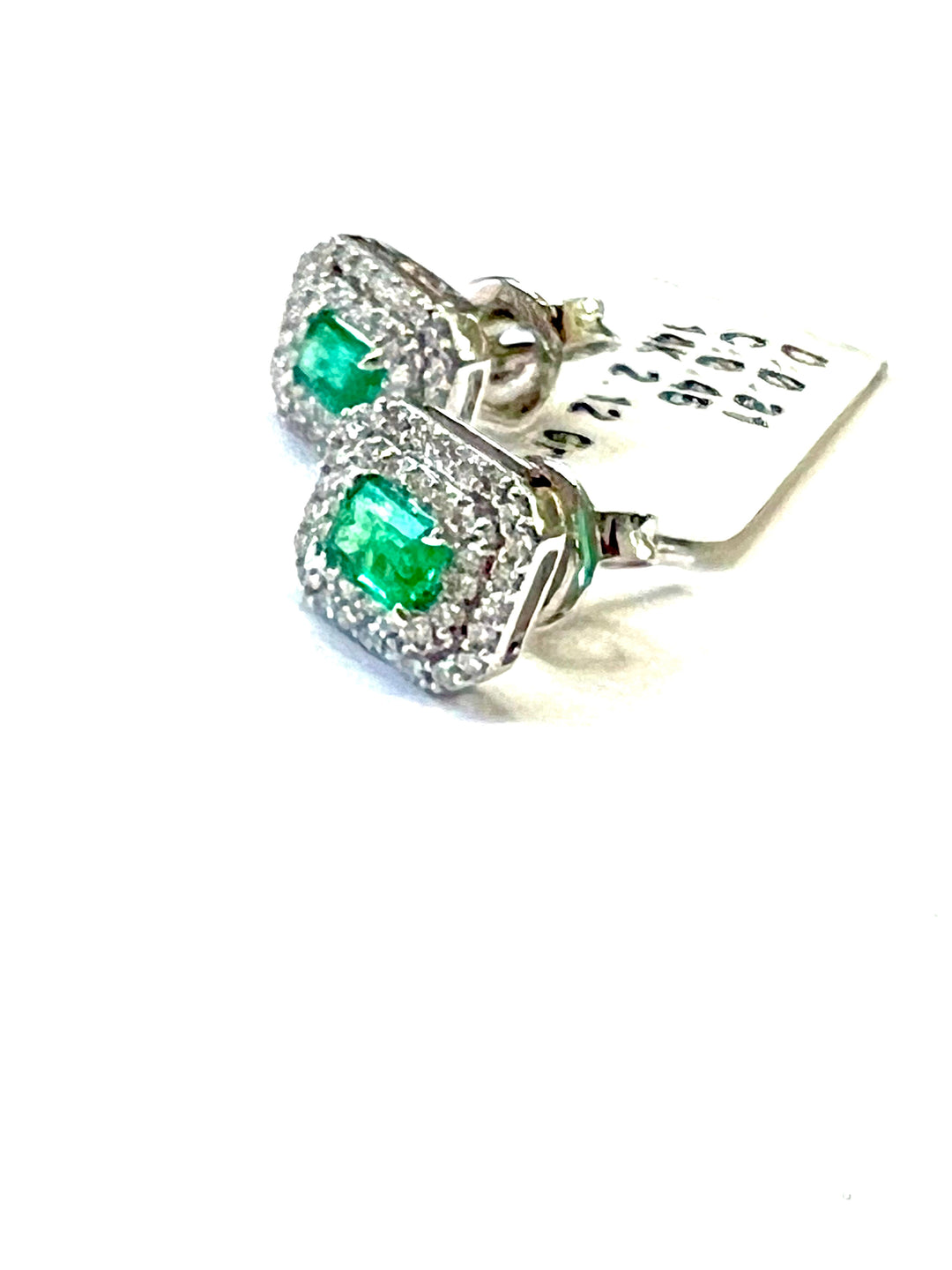 14K WHITE GOLD OCTAGON CUT DIAMOND EMERALD EARRINGS
