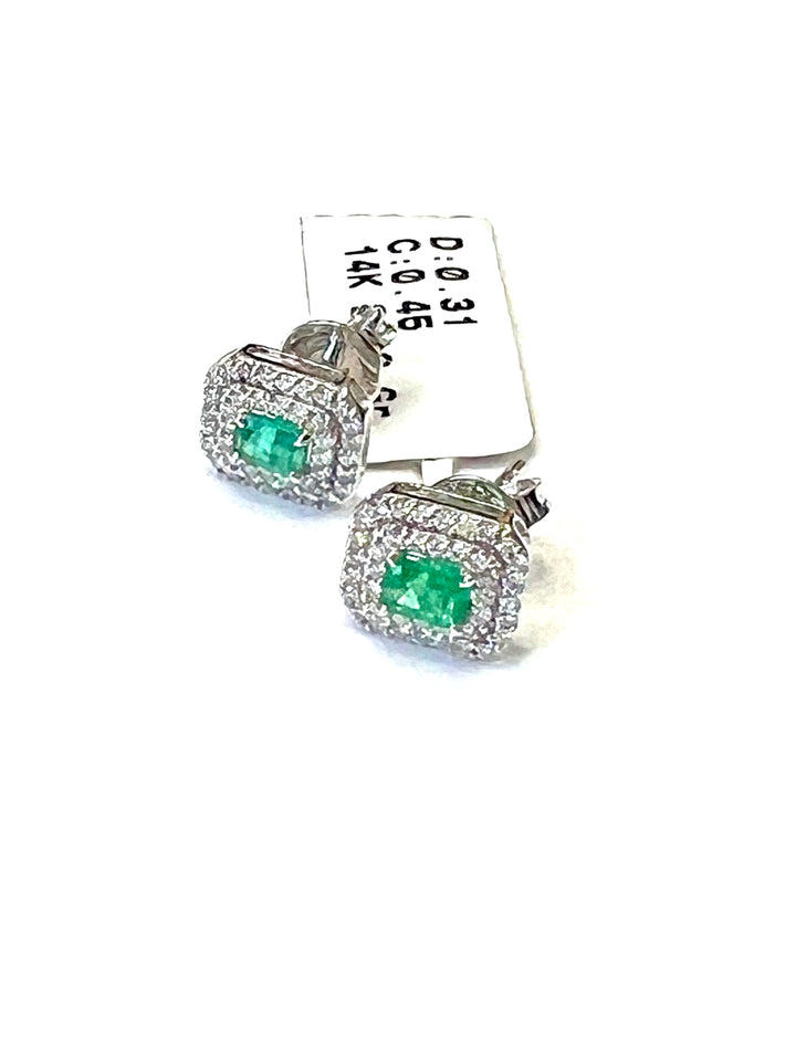 14K WHITE GOLD OCTAGON CUT DIAMOND EMERALD EARRINGS