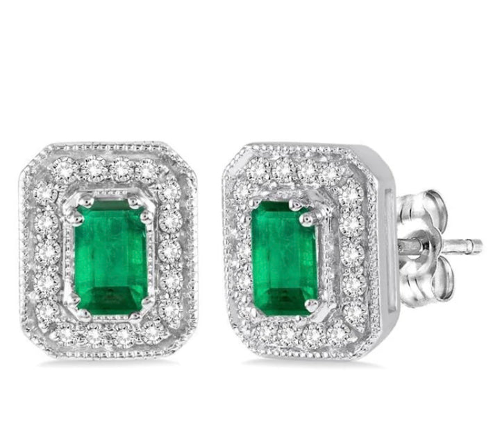 14K WHITE GOLD OCTAGON CUT DIAMOND EMERALD EARRINGS