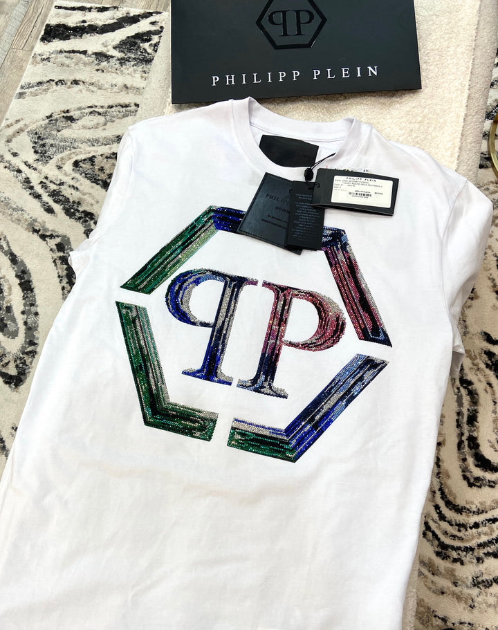 PHILIPP PLEIN STRASS HEXAGON LOGO T-SHIRT