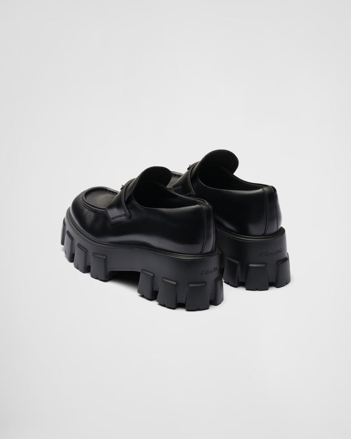 PRADA BRUSHED LEATHER MONOLITH LOAFERS