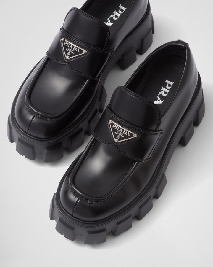PRADA BRUSHED LEATHER MONOLITH LOAFERS