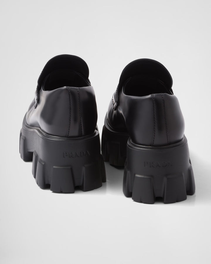 PRADA BRUSHED LEATHER MONOLITH LOAFERS