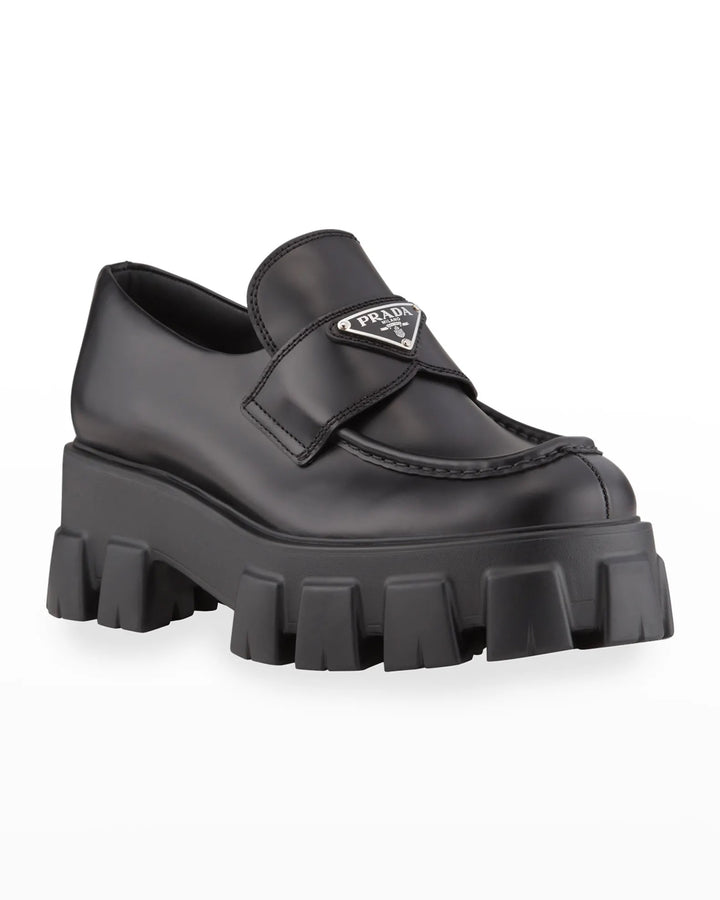 PRADA BRUSHED LEATHER MONOLITH LOAFERS