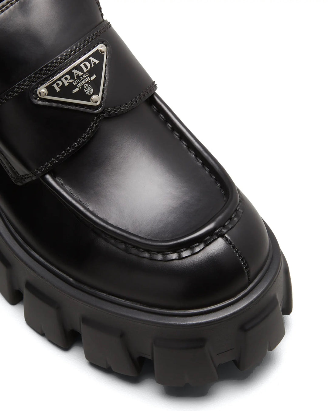 PRADA BRUSHED LEATHER MONOLITH LOAFERS