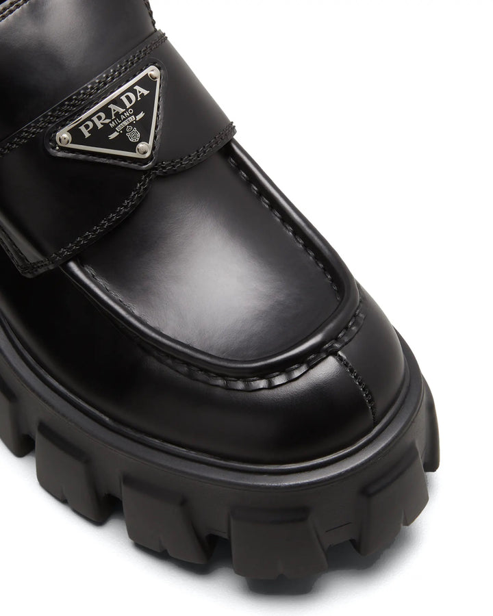 PRADA BRUSHED LEATHER MONOLITH LOAFERS