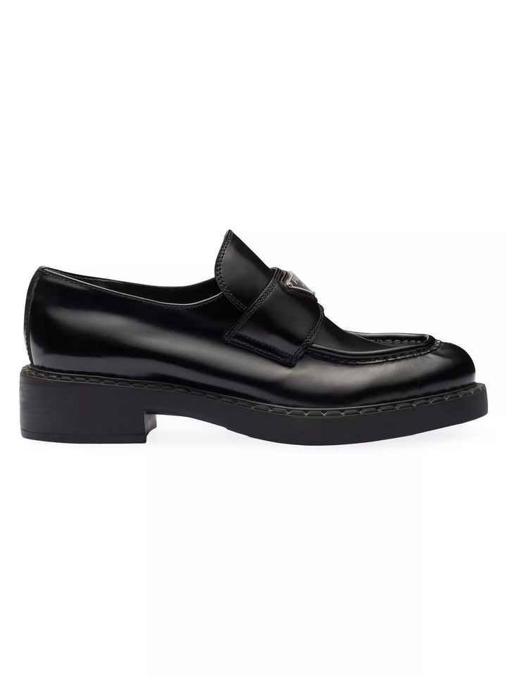 PRADA BRUSHED LEATHER TRIANGLE LOGO LOAFERS