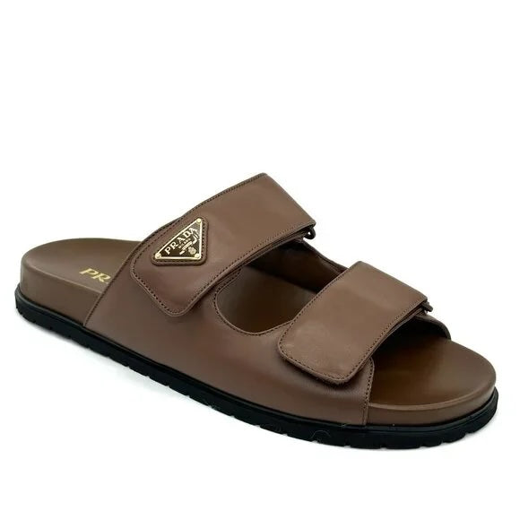 PRADA CALFSKIN LEATHER DOUBLE-GRIP SLIDE SANDALS