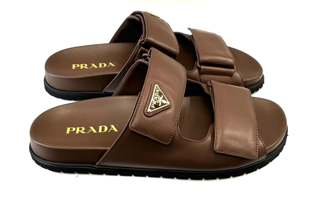 PRADA CALFSKIN LEATHER DOUBLE-GRIP SLIDE SANDALS