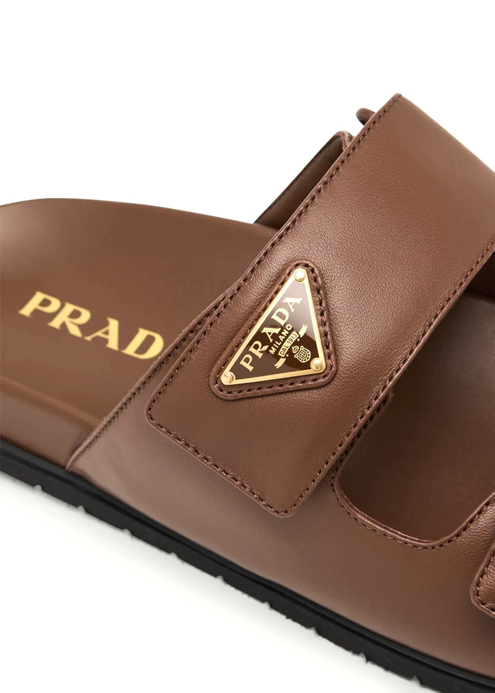 PRADA CALFSKIN LEATHER DOUBLE-GRIP SLIDE SANDALS