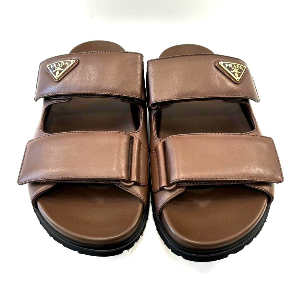 PRADA CALFSKIN LEATHER DOUBLE-GRIP SLIDE SANDALS