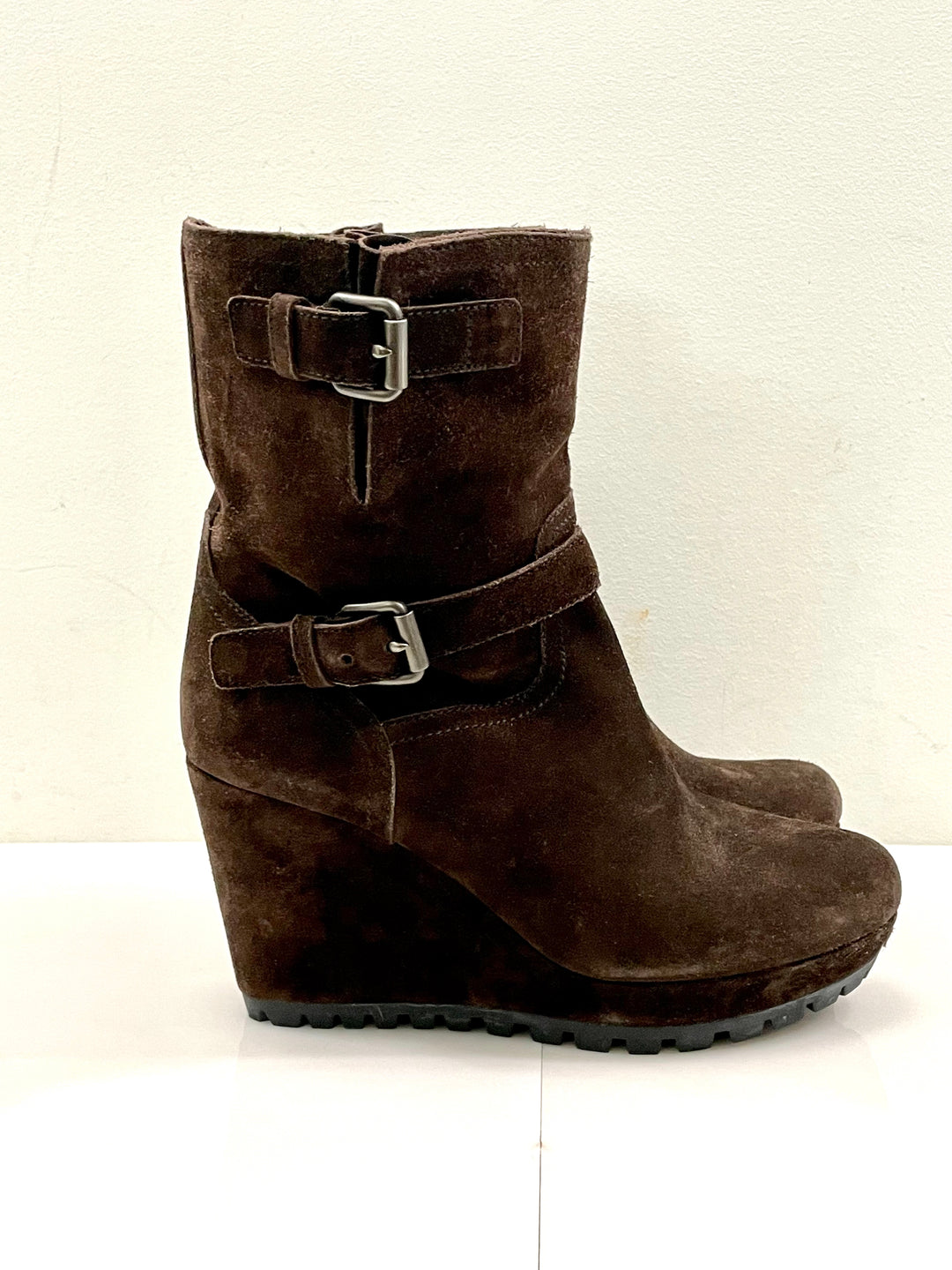 PRADA DOUBLE BUCKLE SUEDE WEDGE HEEL BOOTS
