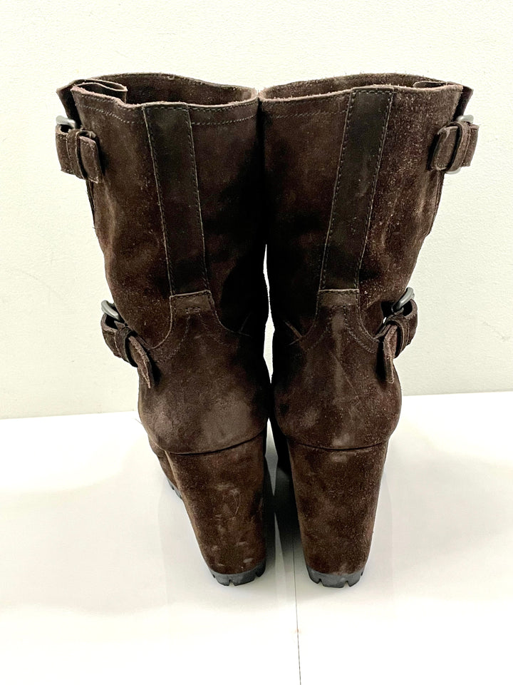 PRADA DOUBLE BUCKLE SUEDE WEDGE HEEL BOOTS