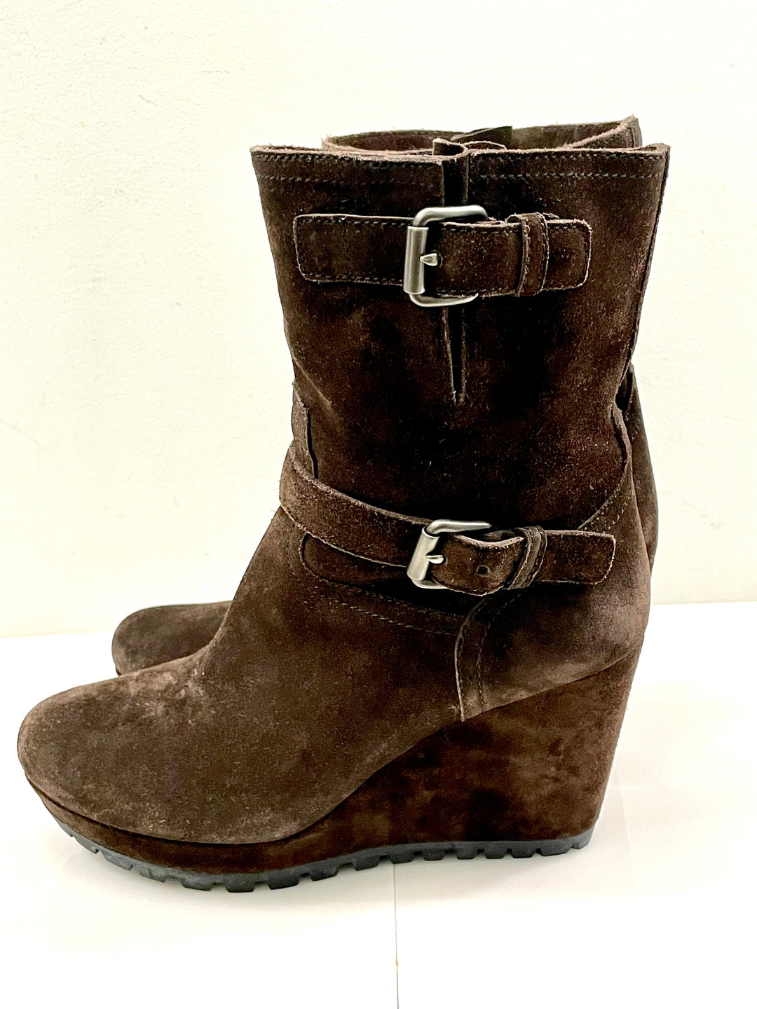 PRADA DOUBLE BUCKLE SUEDE WEDGE HEEL BOOTS