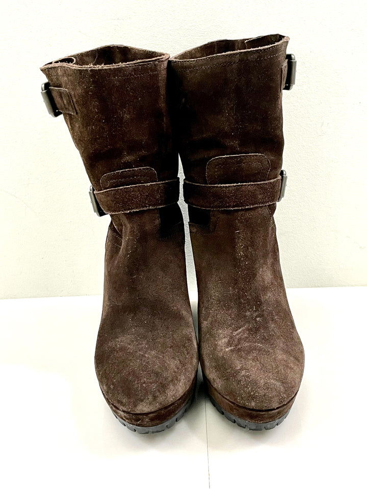 PRADA DOUBLE BUCKLE SUEDE WEDGE HEEL BOOTS