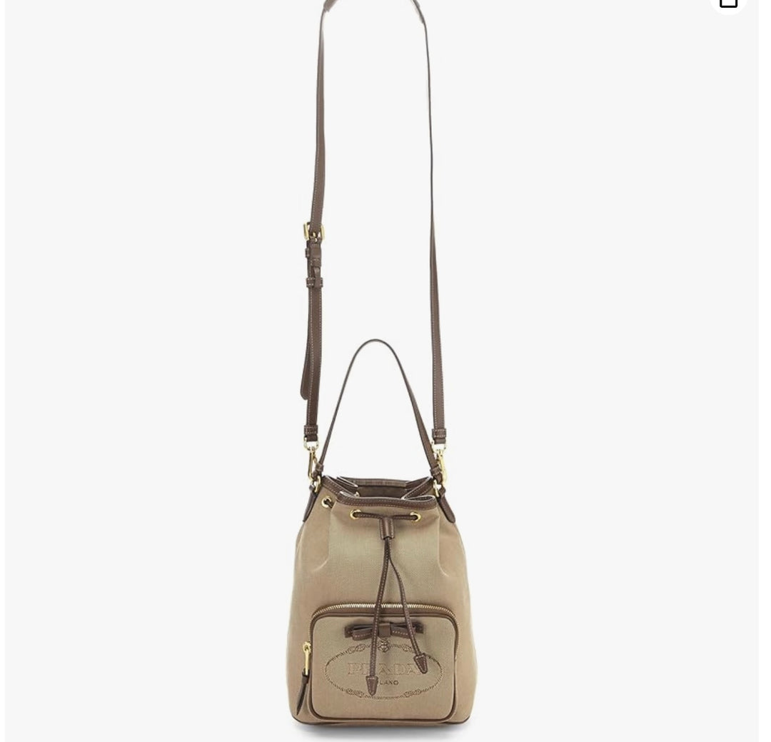 PRADA LOGO JACQUARD CANVAS LEATHER SMALL BUCKET BAG