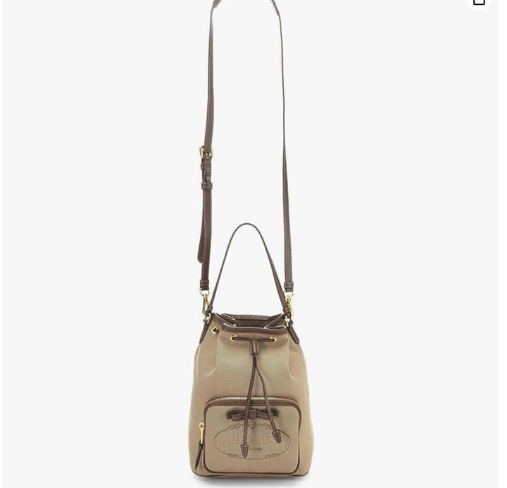 PRADA LOGO JACQUARD CANVAS LEATHER SMALL BUCKET BAG