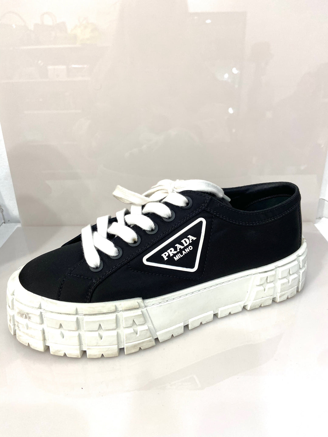 PRADA LOGO GABARDINE WHEEL PLATFORM SNEAKERS