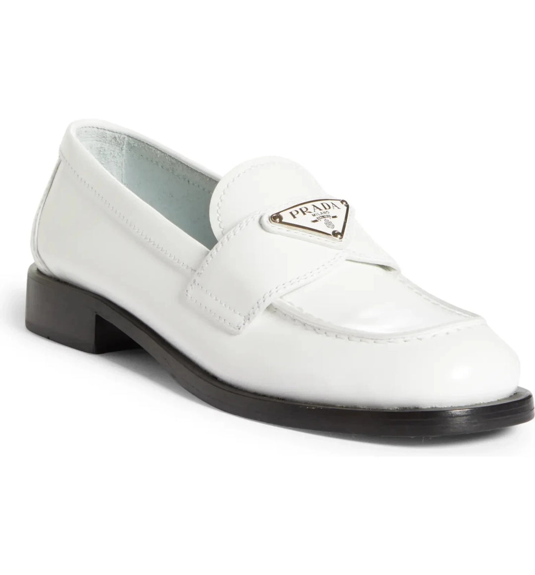 PRADA TRIANGLE LOGO PENNY SHINY BRUSHED CALFSKIN LEATHER LOAFERS
