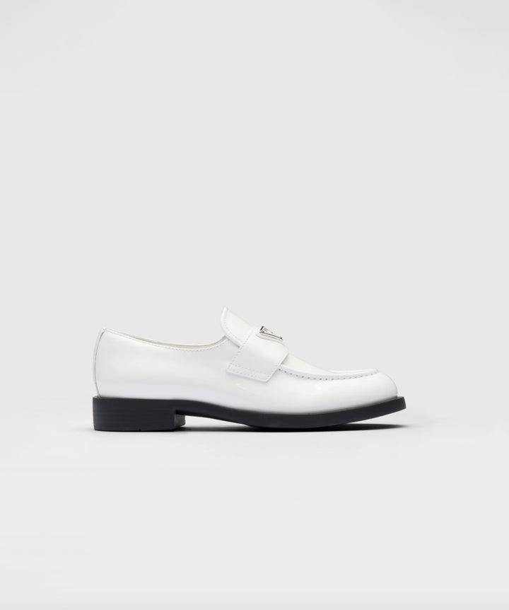 PRADA TRIANGLE LOGO PENNY SHINY BRUSHED CALFSKIN LEATHER LOAFERS