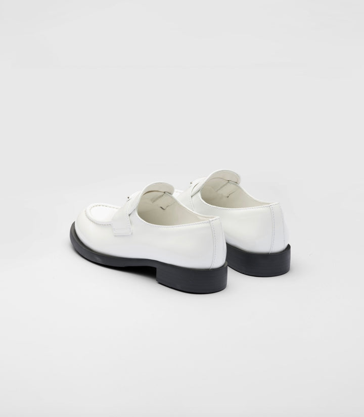 PRADA TRIANGLE LOGO PENNY SHINY BRUSHED CALFSKIN LEATHER LOAFERS