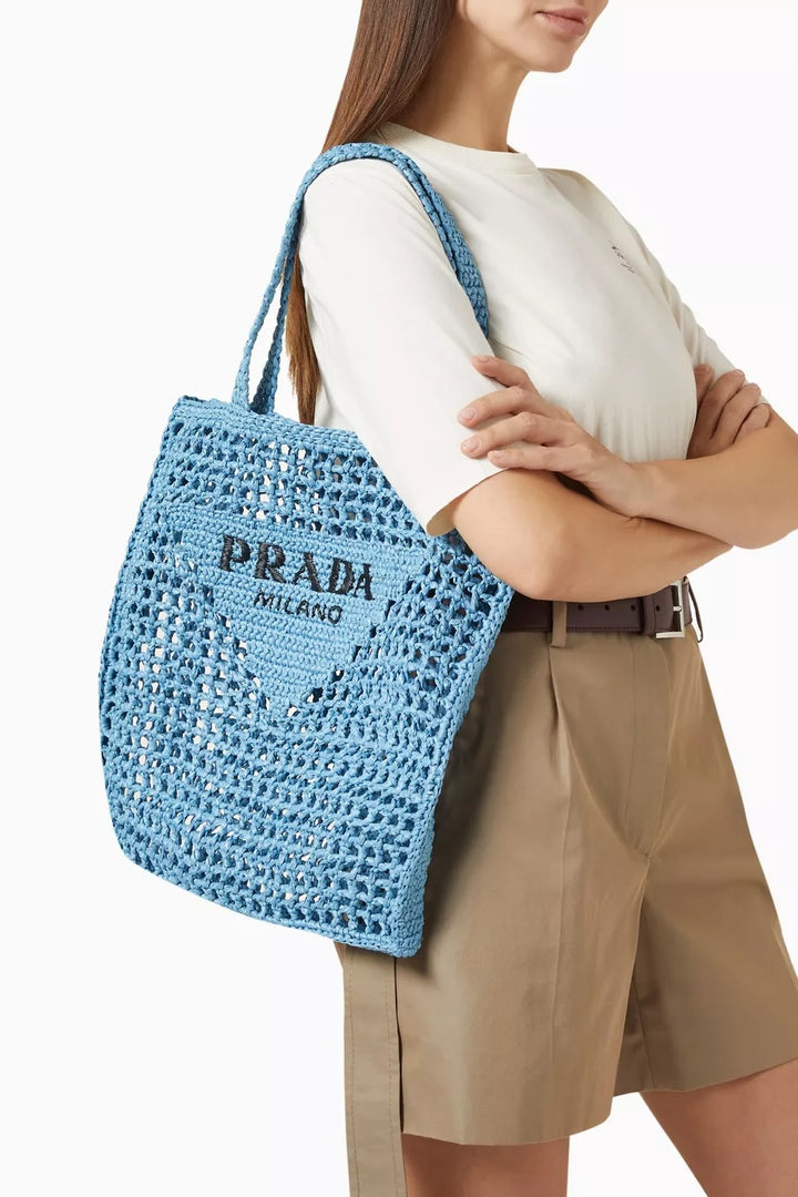 PRADA CROCHET LOGO EMBROIDERED TOTE BAG