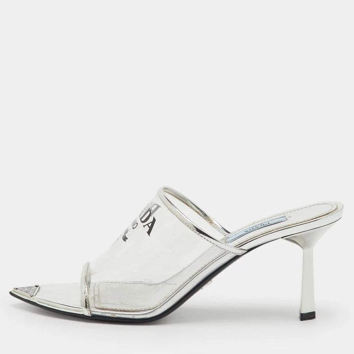 PRADA LOGO PRINT PLEXIGLASS HIGH HEEL SLIDE MULES