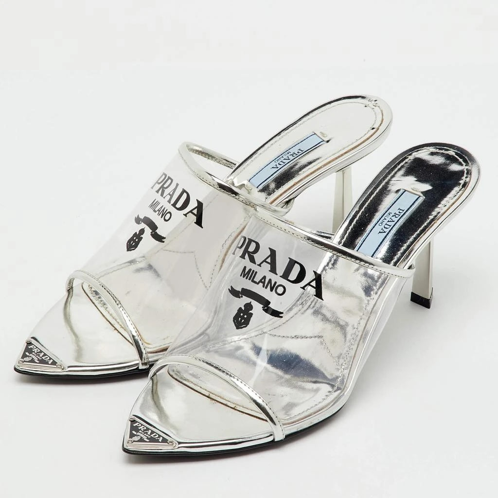 PRADA LOGO PRINT PLEXIGLASS HIGH HEEL SLIDE MULES