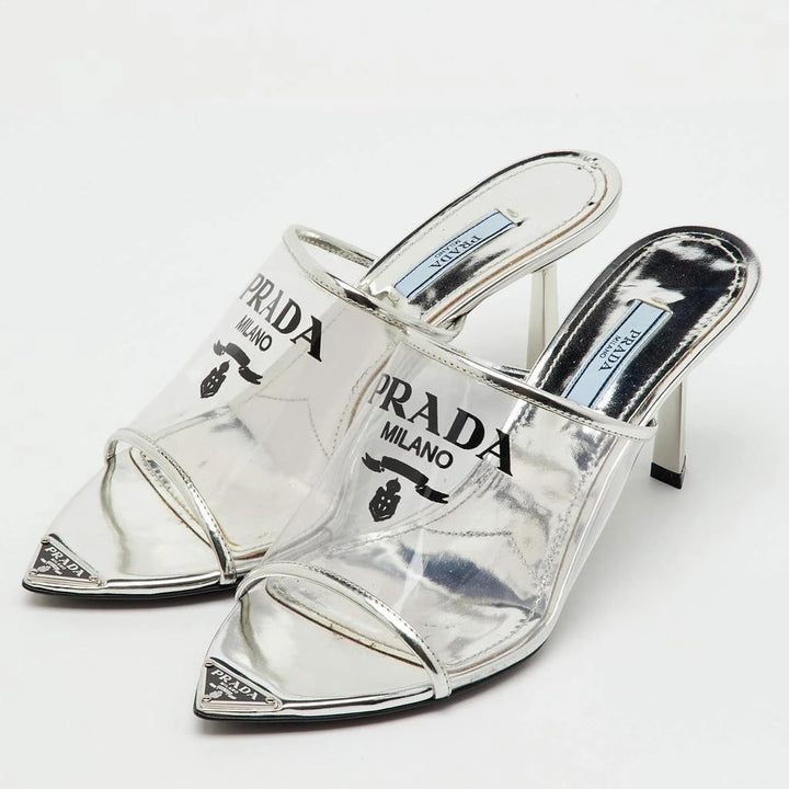 PRADA LOGO PRINT PLEXIGLASS HIGH HEEL SLIDE MULES