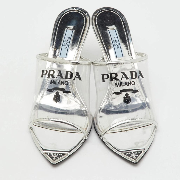PRADA LOGO PRINT PLEXIGLASS HIGH HEEL SLIDE MULES