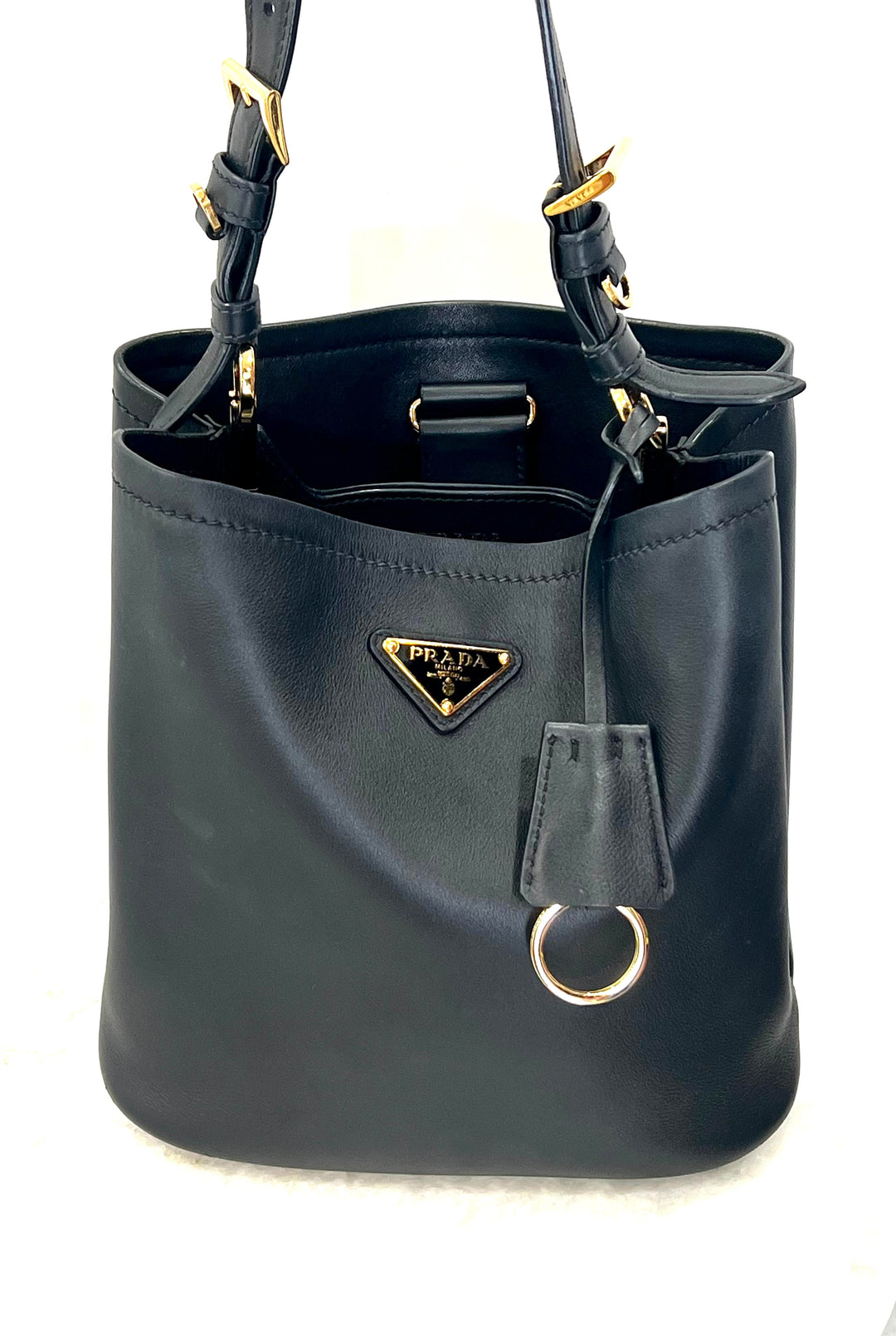 PRADA TRIANGLE LOGO NAPPA LEATHER MEDIUM BUCKET BAG