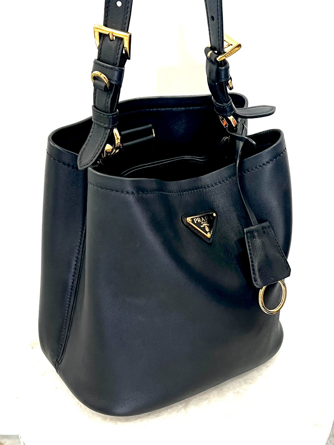 PRADA TRIANGLE LOGO NAPPA LEATHER MEDIUM BUCKET BAG