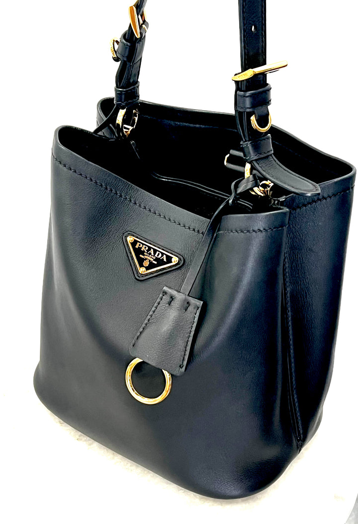 PRADA TRIANGLE LOGO NAPPA LEATHER MEDIUM BUCKET BAG