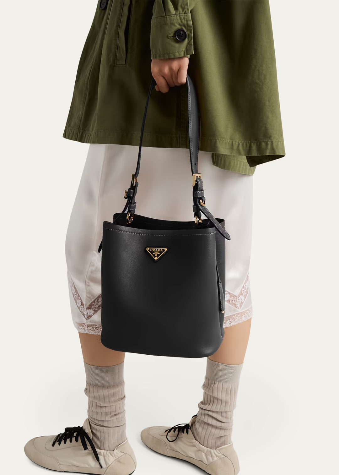 PRADA TRIANGLE LOGO NAPPA LEATHER MEDIUM BUCKET BAG