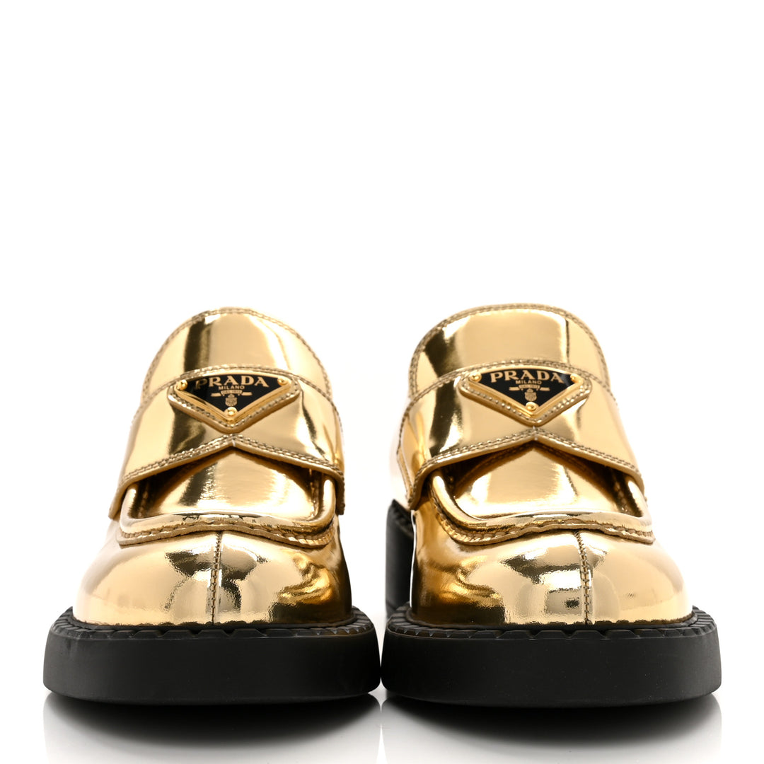 PRADA METALLIC BRUSHED CALFSKIN LEATHER TRIANGLE LOGO LOAFERS