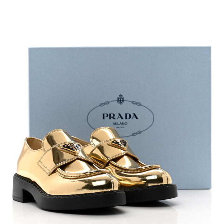 PRADA METALLIC BRUSHED CALFSKIN LEATHER TRIANGLE LOGO LOAFERS