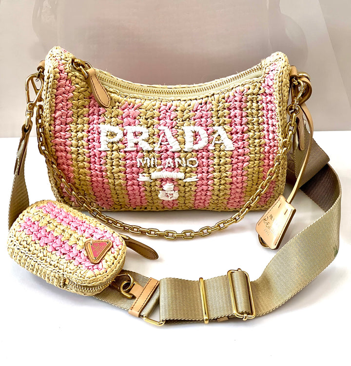 PRADA NEUTRAL RE-EDITION 2005 RAFFIA SHOULDER BAG