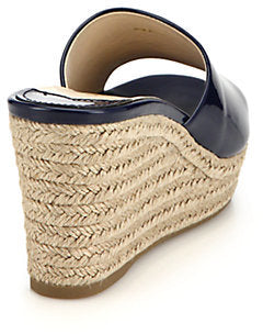 PRADA PATENT LEATHER WEDGE HEEL ESPADRILLE MULES
