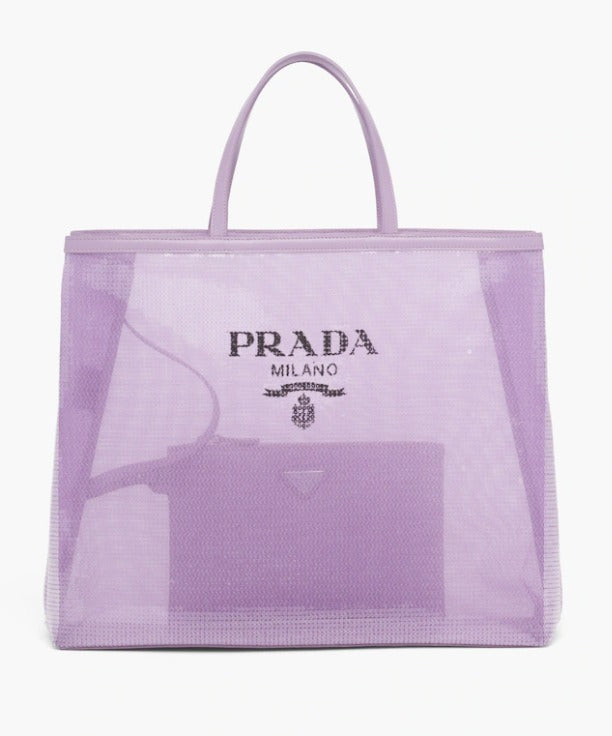 PRADA MESH SEQUIN LOGO TOTE BAG