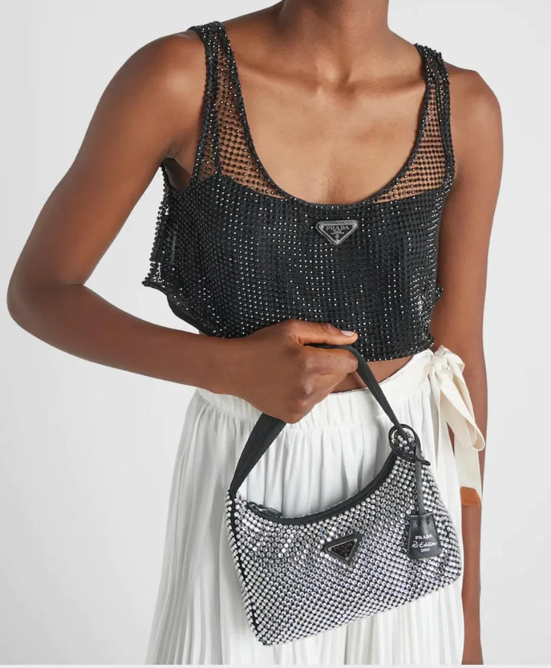 PRADA RE-EDITION 2005 CRYSTAL EMBELLISHED SATIN MINI BAG