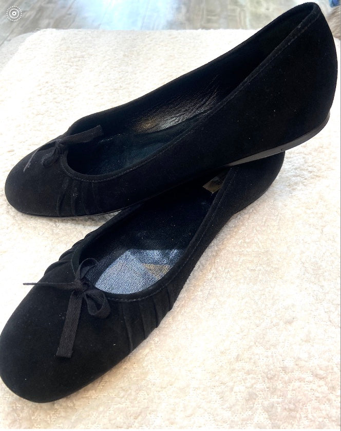 PRADA RUCHED SUEDE RIBBON BOW BALLET FLATS