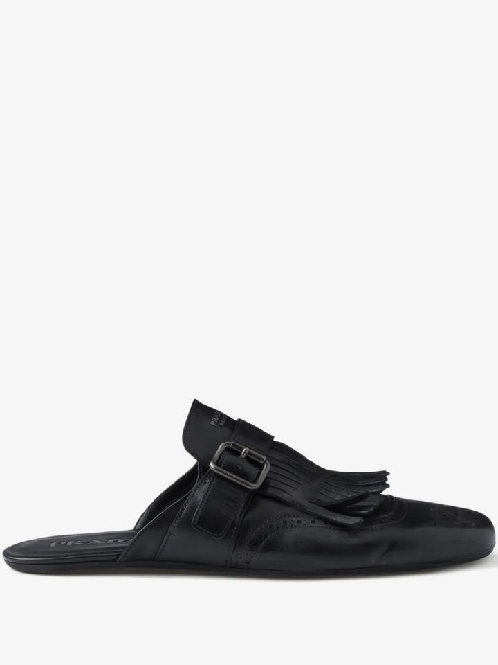 PRADA SHUFFLE FRINGE ANTIQUED CALFSKIN MULES