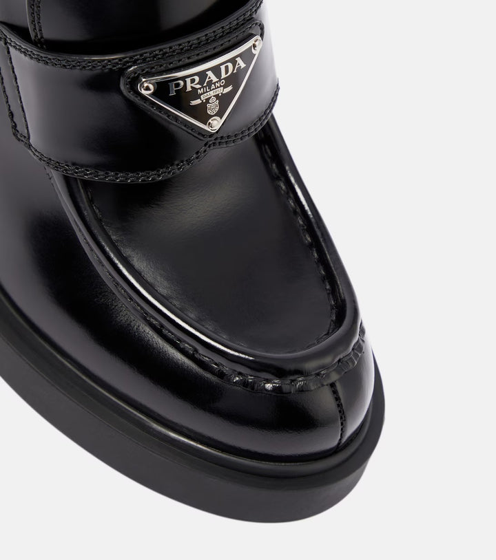 PRADA SPAZZOLATO TRIANGLE LOGO BRUSHED LEATHER LOAFERS
