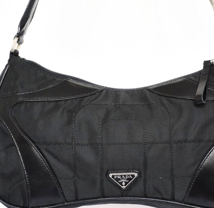 PRADA TESSUTO NYLON SOFT CALFSKIN LEATHER KIDNEY SHOULDER BAG