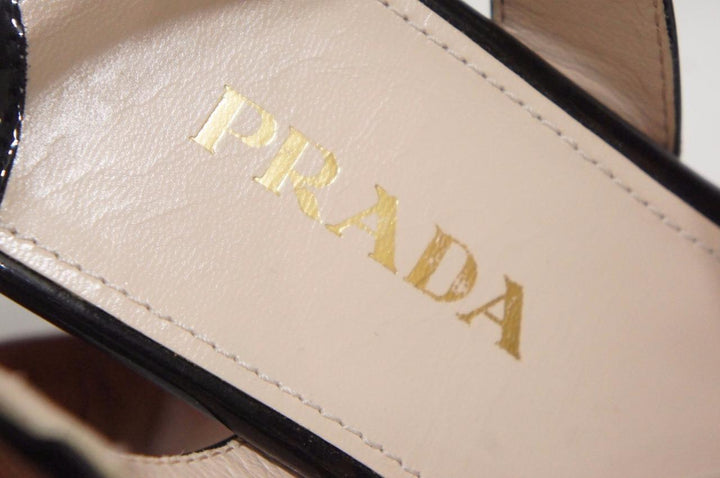 PRADA VERNICE CORK WEDGE HEEL PATENT SANDALS