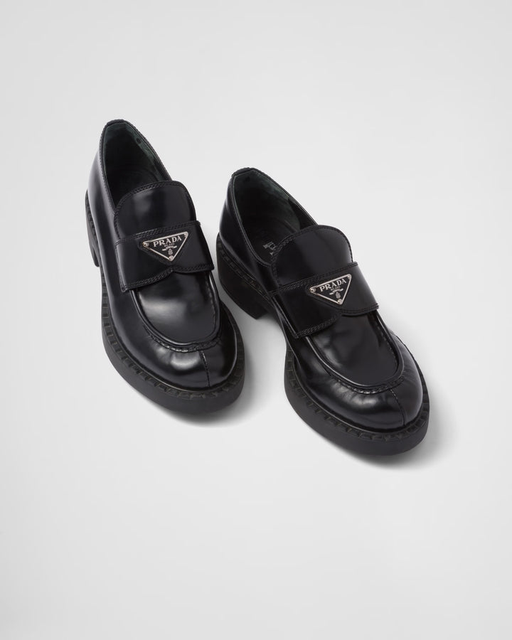 PRADA BRUSHED LEATHER TRIANGLE LOGO LOAFERS