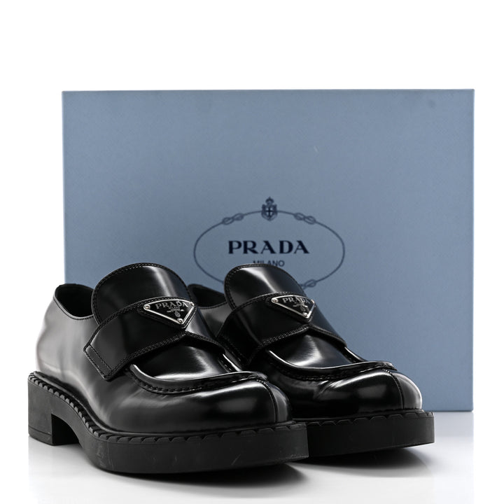 PRADA BRUSHED LEATHER TRIANGLE LOGO LOAFERS