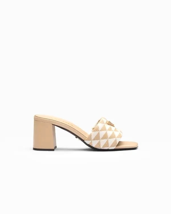 PRADA JACQUARD TRIANGLE LOGO BLOCK HEEL MULES