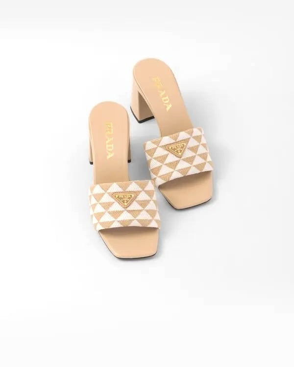PRADA JACQUARD TRIANGLE LOGO BLOCK HEEL MULES